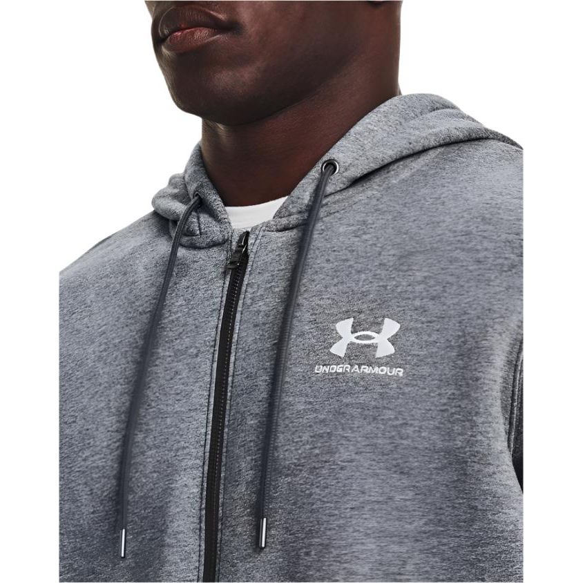 Under Armour Mens Essential Fleece FZ Hood Pitch Grey Medium Heather/White