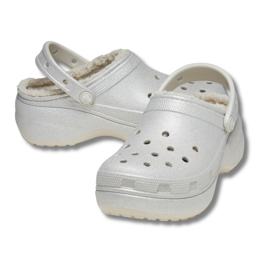 Crocs Womens Sandal Classic Platform Lined Clog Glitter Silver