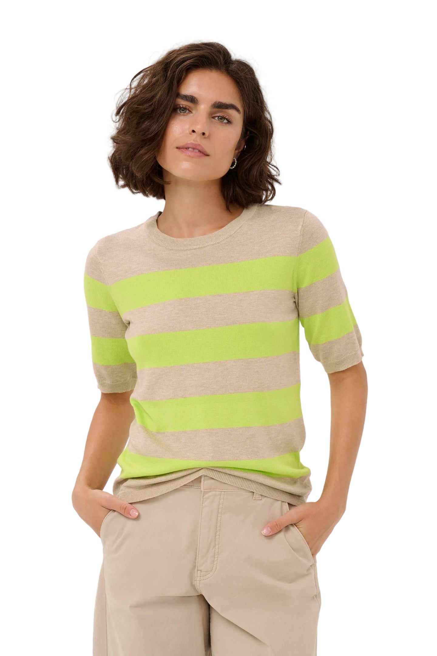 Kaffe Womens KAlizza Striped Knit Feather Gray/Lime Stripe