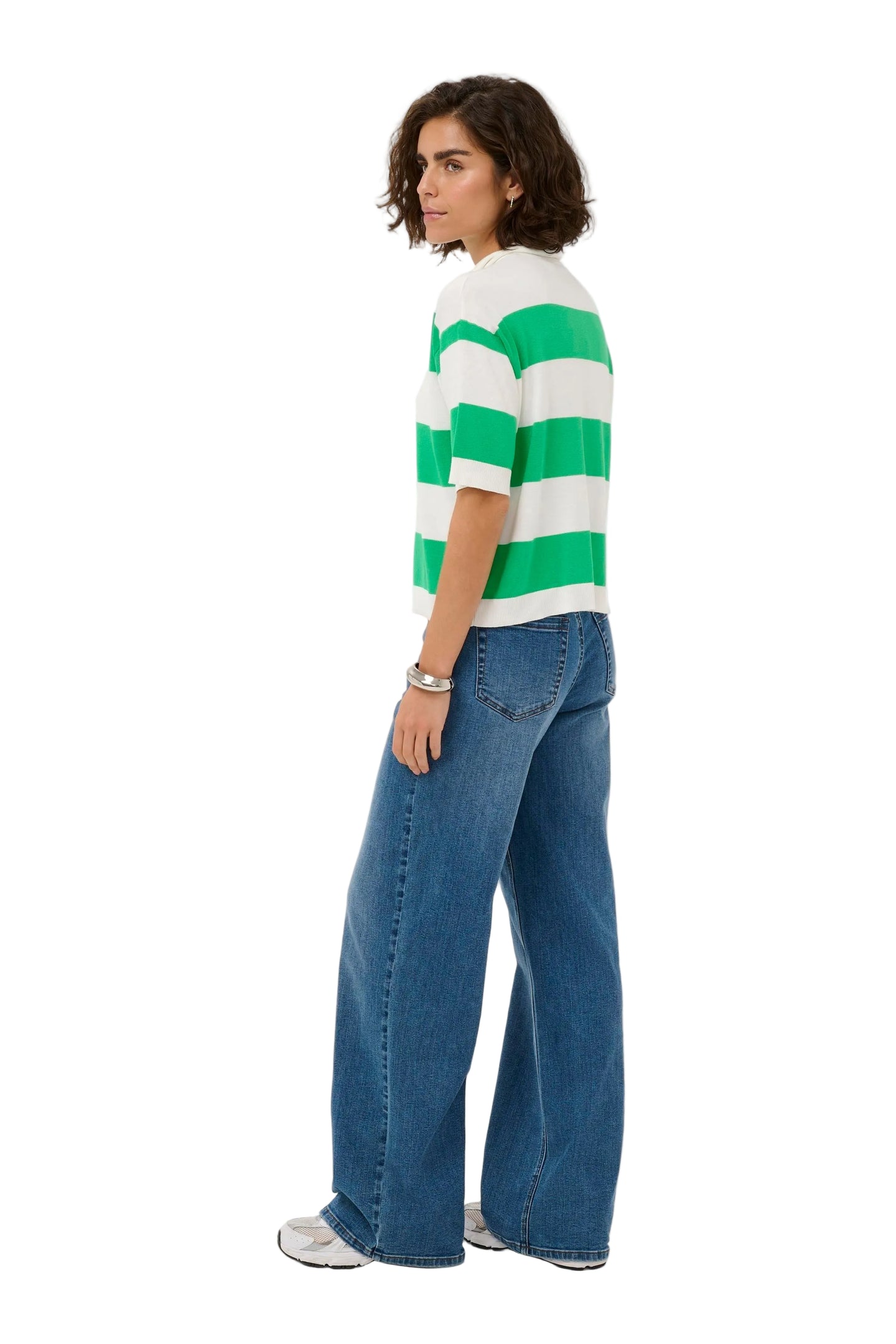 Kaffe Womens KAlizza Polo Knit Chalk/Bright Green Stripe