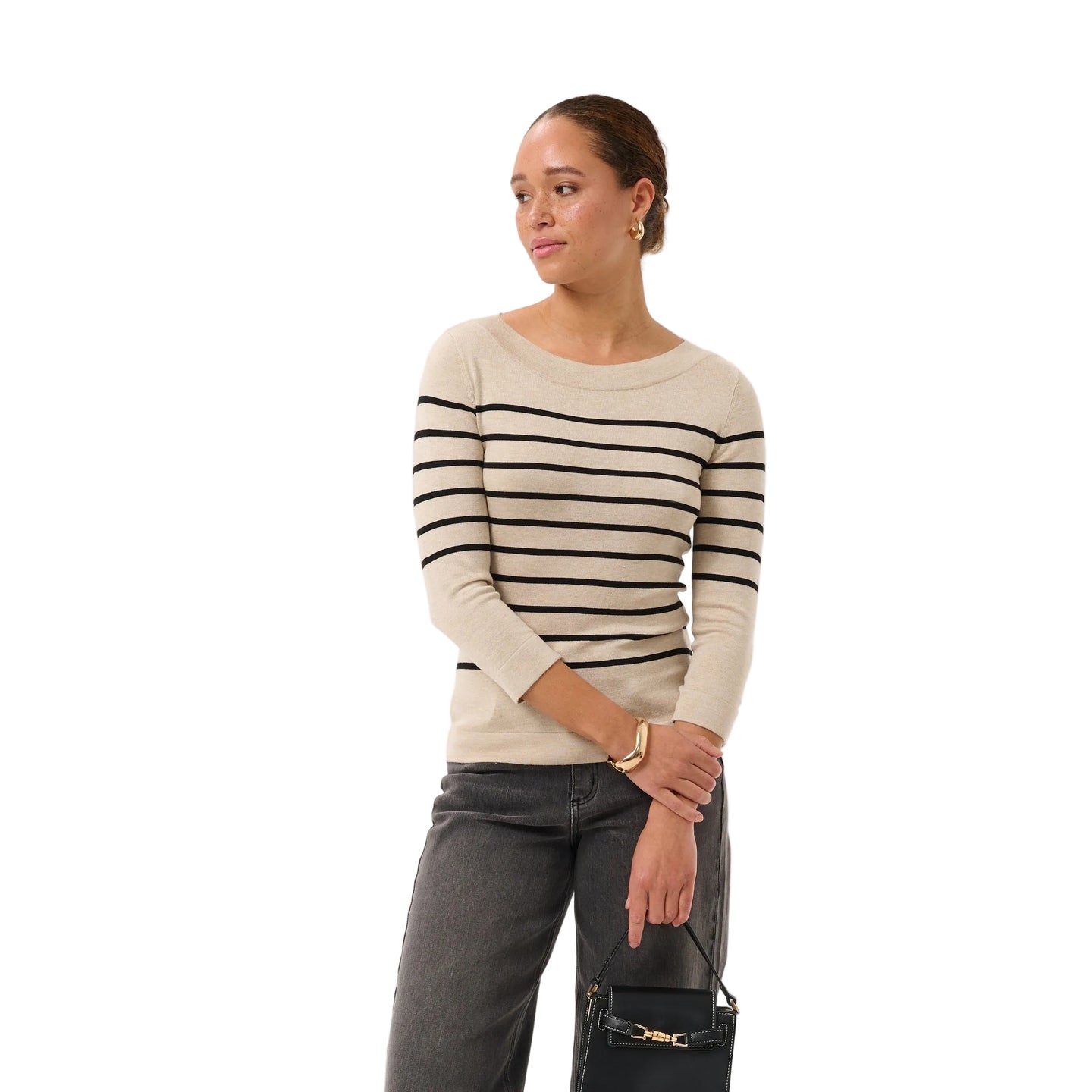 Kaffe Womens KAlizza Boatneck Pullover Feather Grey Melange/Black