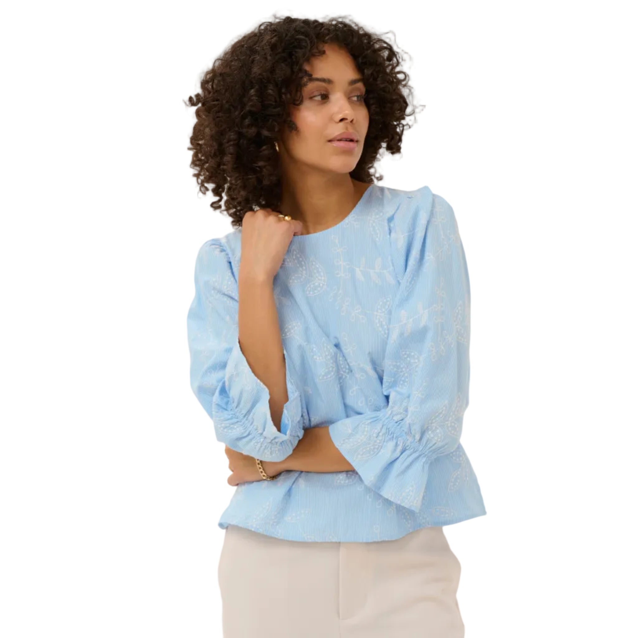 Kaffe Womens KAmarlee Blouse White Blue Embroider