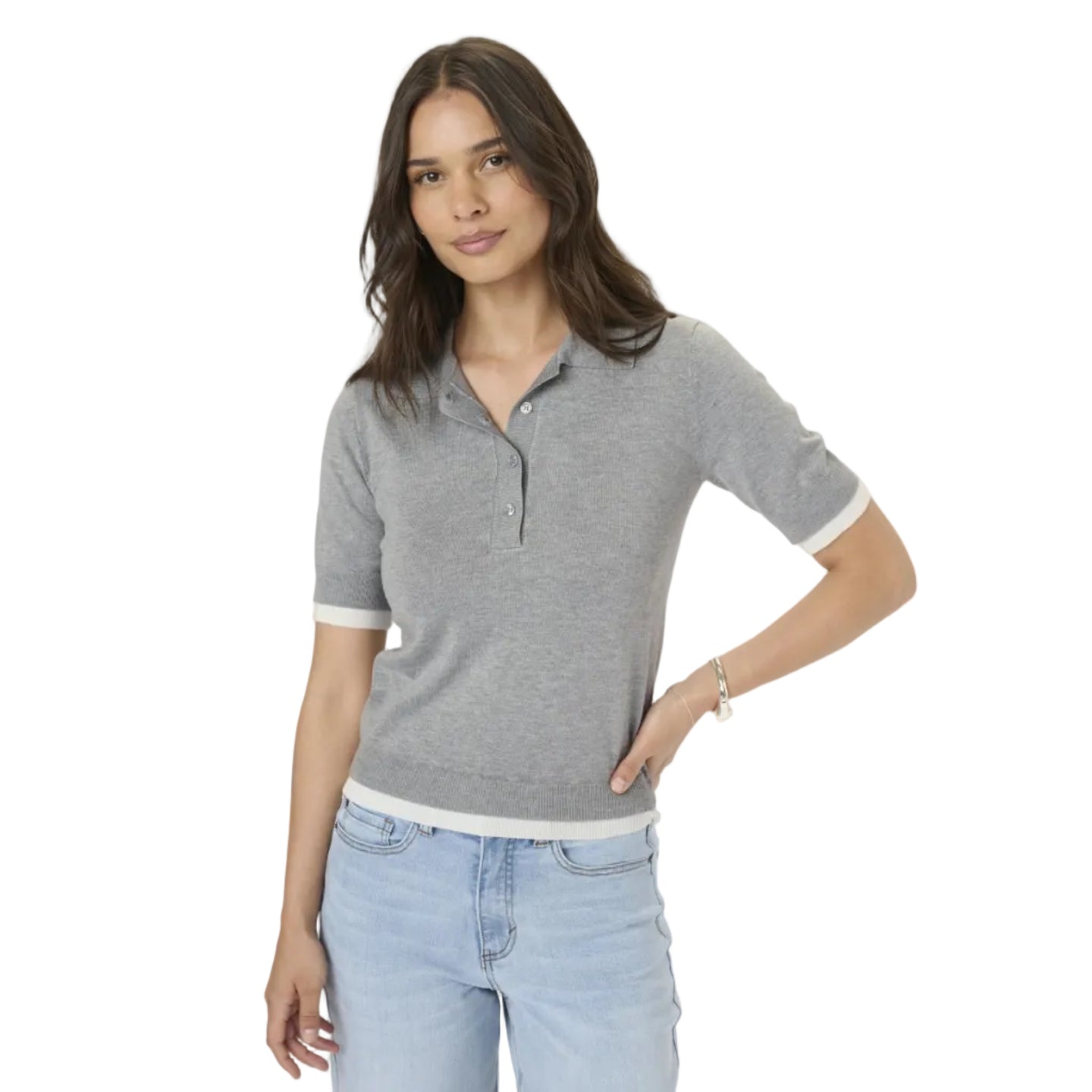 Kaffe Womens KAlizza Contrast Polo Knit Grey Melange
