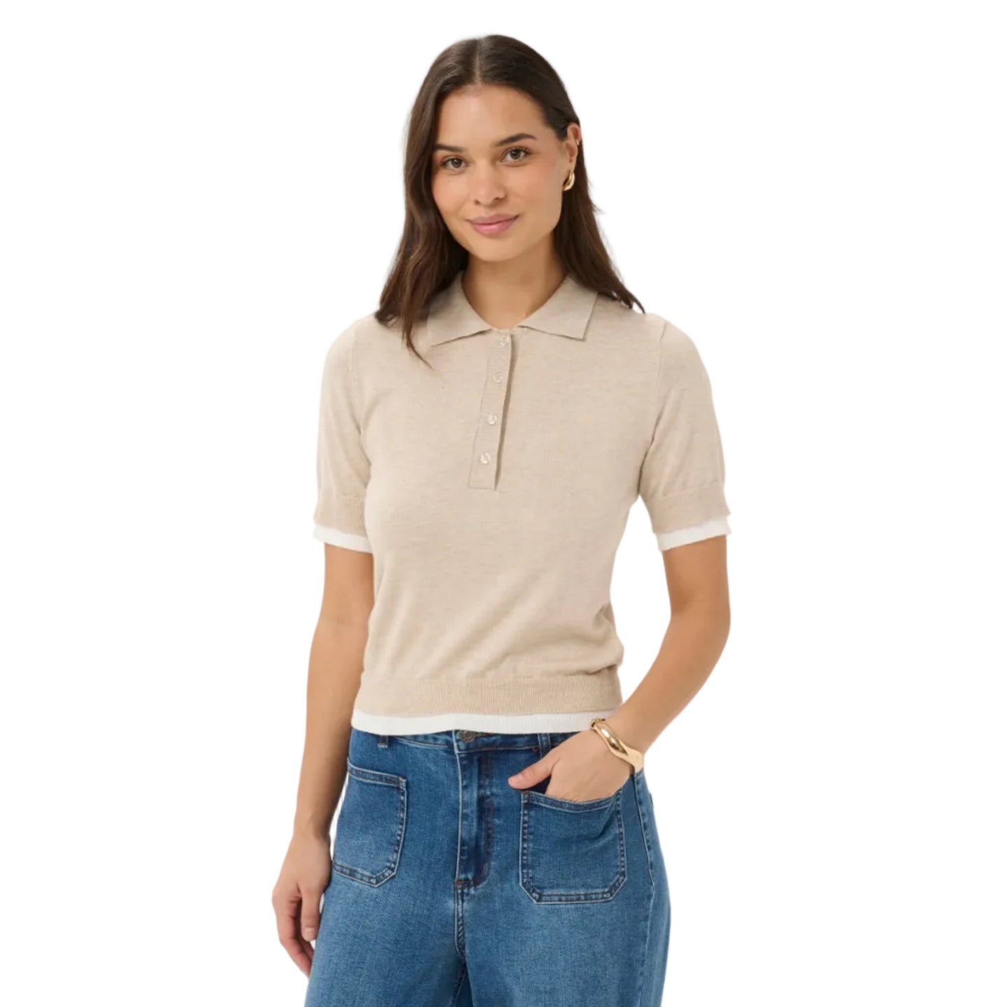Kaffe Womens KAlizza Contrast Polo Knit Feather Grey Melange