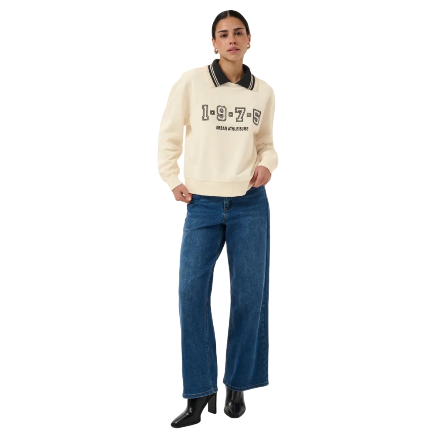 Kaffe women's cream sweatshirt with collegiate graphic