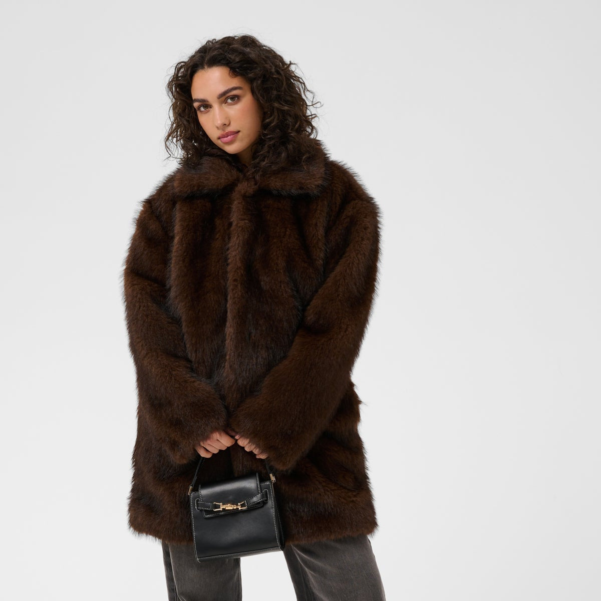 Kaffe Womens Faux Fur Coat KAaurora Dark Brown