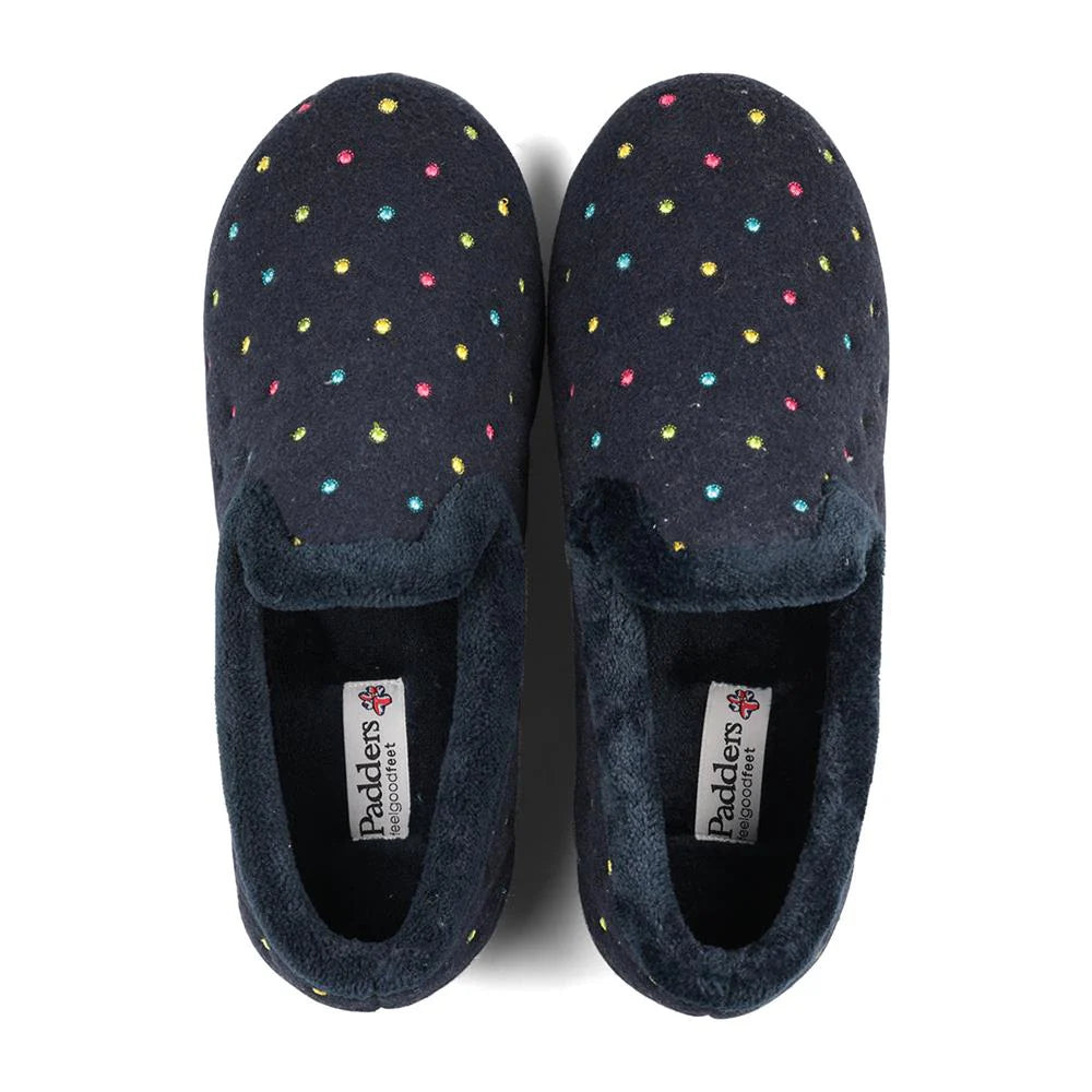 Padders Womens Slipper Repose Navy Woven Spots