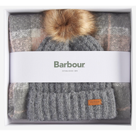 Barbour Womens Saltburn Beanie & Tartan Scarf Gift Set Grey Rose