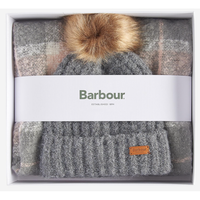 Barbour Womens Saltburn Beanie & Tartan Scarf Gift Set Grey Rose