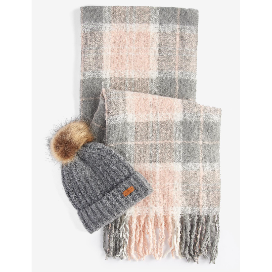Barbour Womens Saltburn Beanie & Tartan Scarf Gift Set Grey Rose