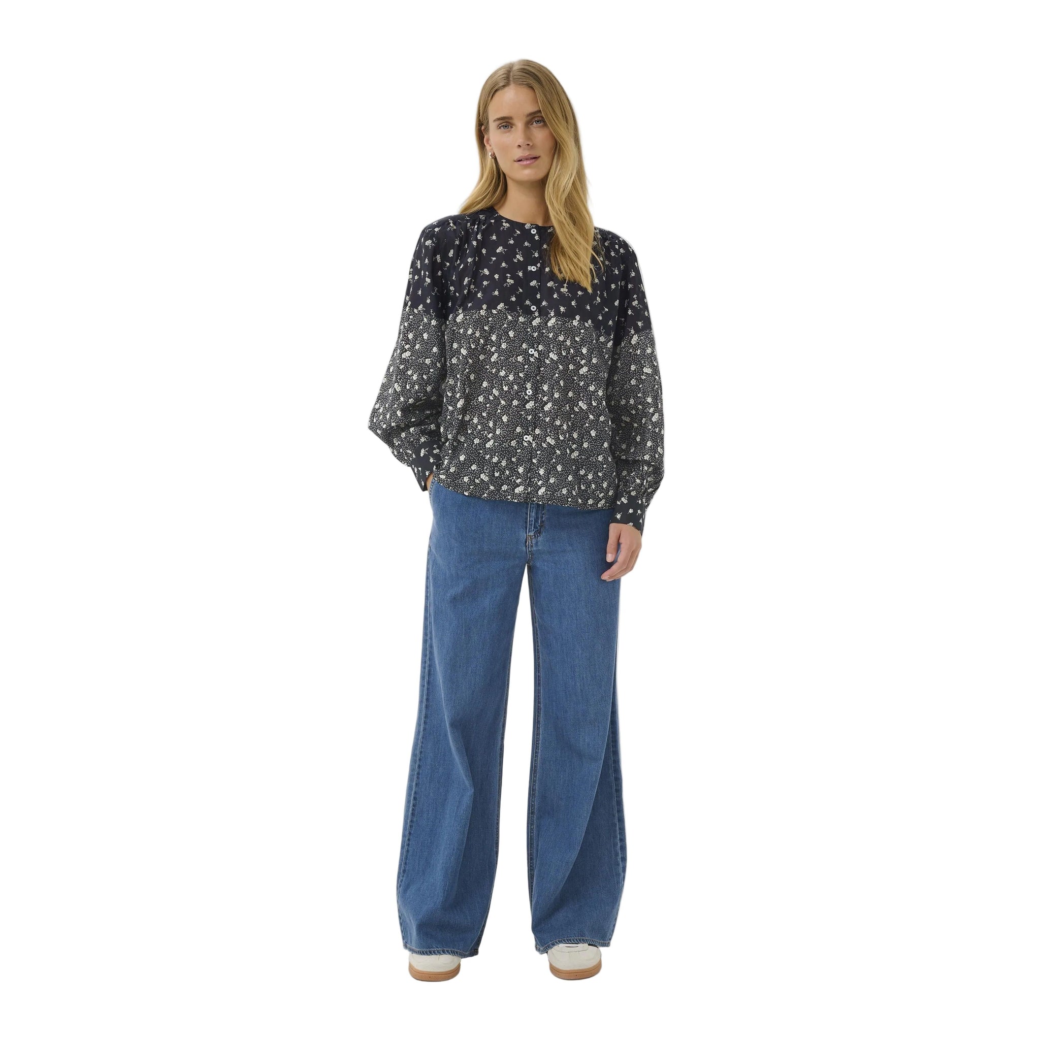 Part Two Womens Yanina Blouse Dark Navy Fragile Print