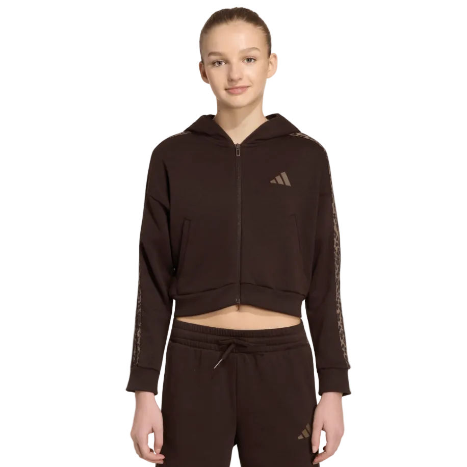 Adidas girls' brown cropped full-zip hoodie with animal-print sleeves
