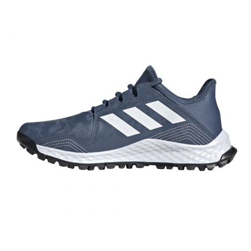 Blue and white athletic trainer with textured sole and lace-up front, side view