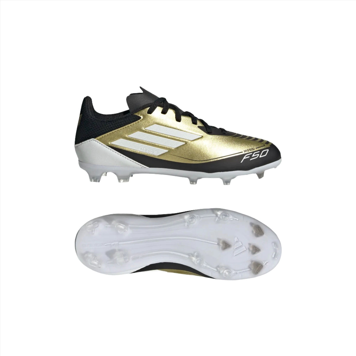 Adidas Junior Firm Ground Football Boot F50 League J Messi Gold White Donaghys