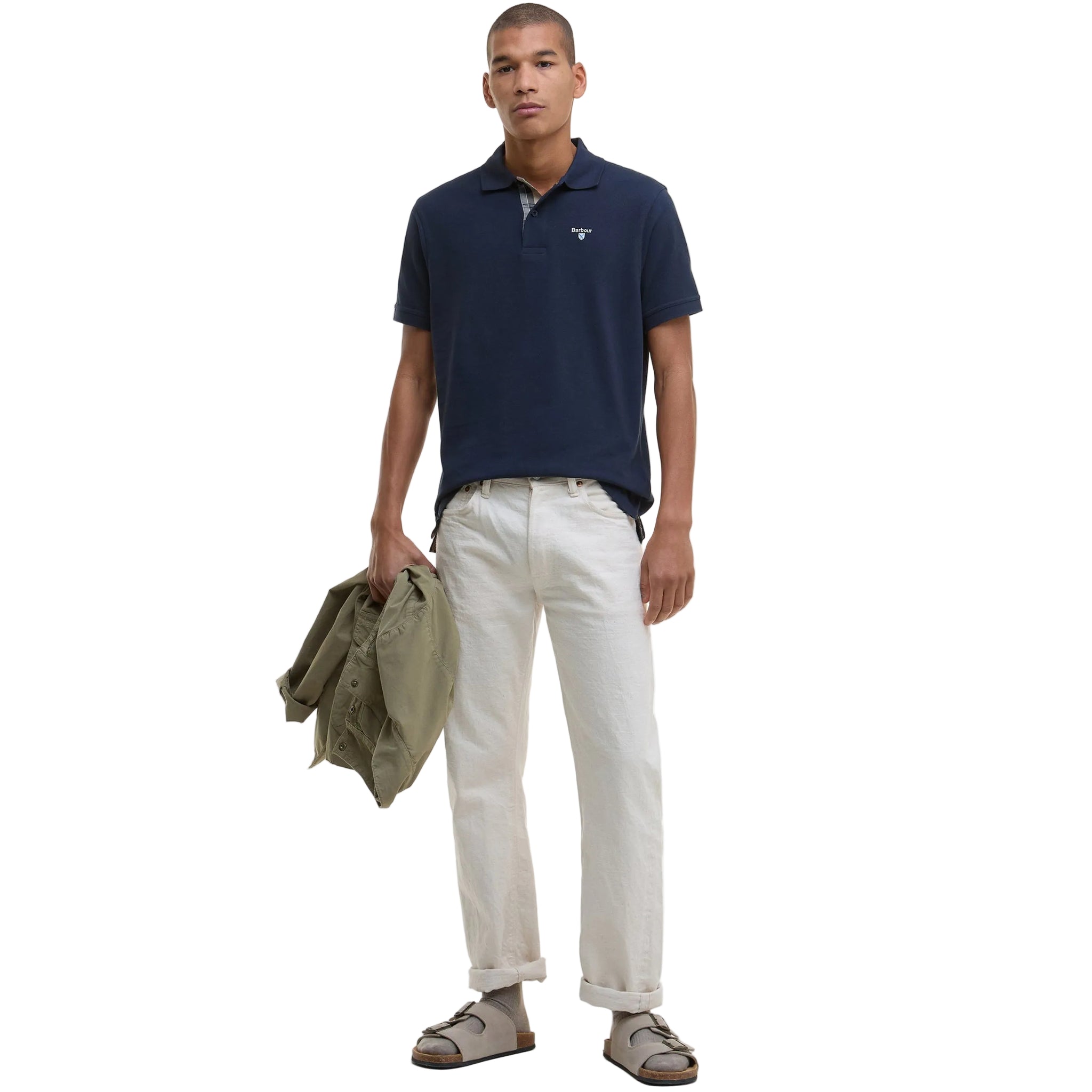 Barbour men's new navy cotton pique polo shirt with tartan trim and shield logo