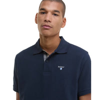 Barbour men's new navy cotton pique polo shirt with tartan trim and shield logo