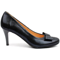 Navy blue women's high heel shoe with bow detail and pointed toe, elegant formal footwear