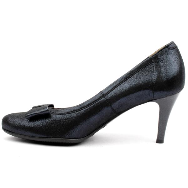 Navy patent leather court shoe with bow detail and mid heel for women