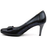 Navy patent leather court shoe with bow detail and mid heel for women