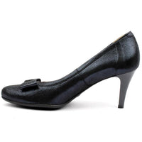 Navy patent leather court shoe with bow detail and mid heel for women