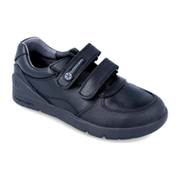 Children's black school shoe with two velcro straps and cushioned support, side view