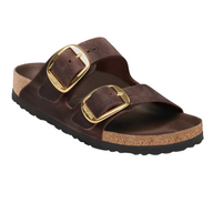 A pair of dark brown double-strap leather sandals with gold-tone buckles and a cork-look midsole, shown on a plain white background.