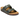 A pair of dark olive green double-strap slide sandals with silver-tone metal buckles, a cork midsole, and a dark brown outsole, shown on a plain white background.
