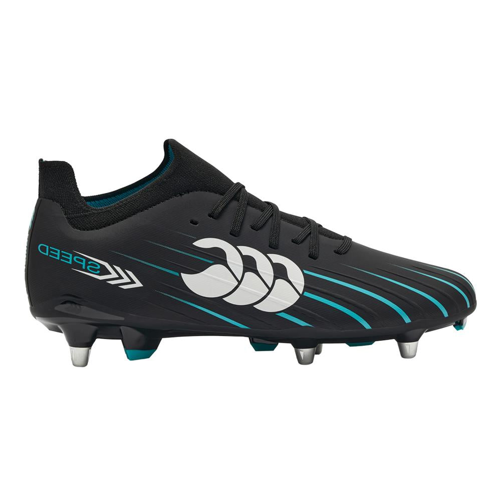 A black Canterbury soccer cleat with teal and white accents, featuring the Canterbury logo and 'SPEED' text on the side, set against a plain white background.