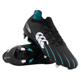 A pair of black rugby cleats with teal accents and a prominent white interlocking logo on the side, displayed against a solid white background.