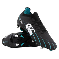 A pair of black rugby cleats with teal accents and a prominent white interlocking logo on the side, displayed against a solid white background.