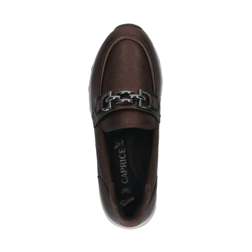 Caprice women's metallic dark brown loafers with chain detail