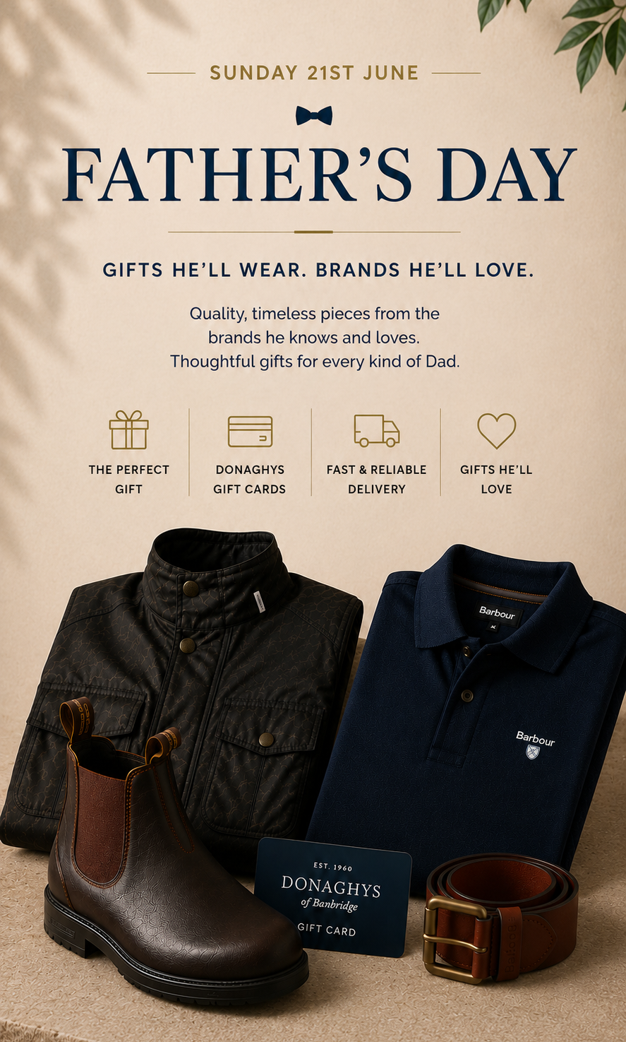 Promotional graphic for Father's Day with clothing and accessories on a beige background.