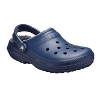 Classic blue navy clog with fleece lining and ventilation holes, casual footwear
