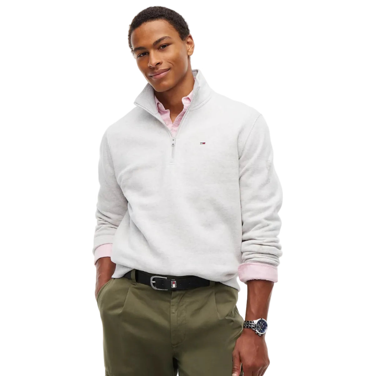 Tommy Jeans men's ice grey heather quarter-zip mock neck fleece