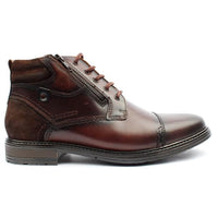 Men's brown leather ankle boot with side zipper, cap toe and lace-up design