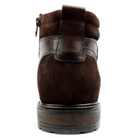 Rear view of a brown suede ankle boot with leather trim and block heel on white background