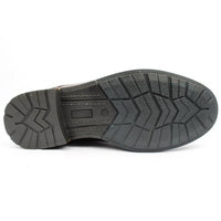 Black rubber shoe sole with deep tread pattern for grip and durability, viewed from below