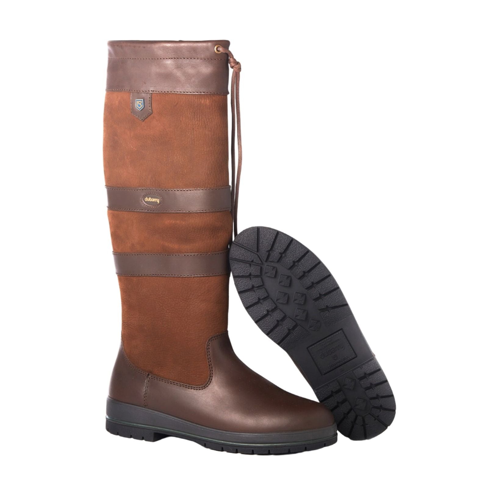 Tall brown leather and suede country boots with rubber sole and laced top detail