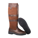 Brown slim fit knee-high leather country boots with rugged sole, side lace detail