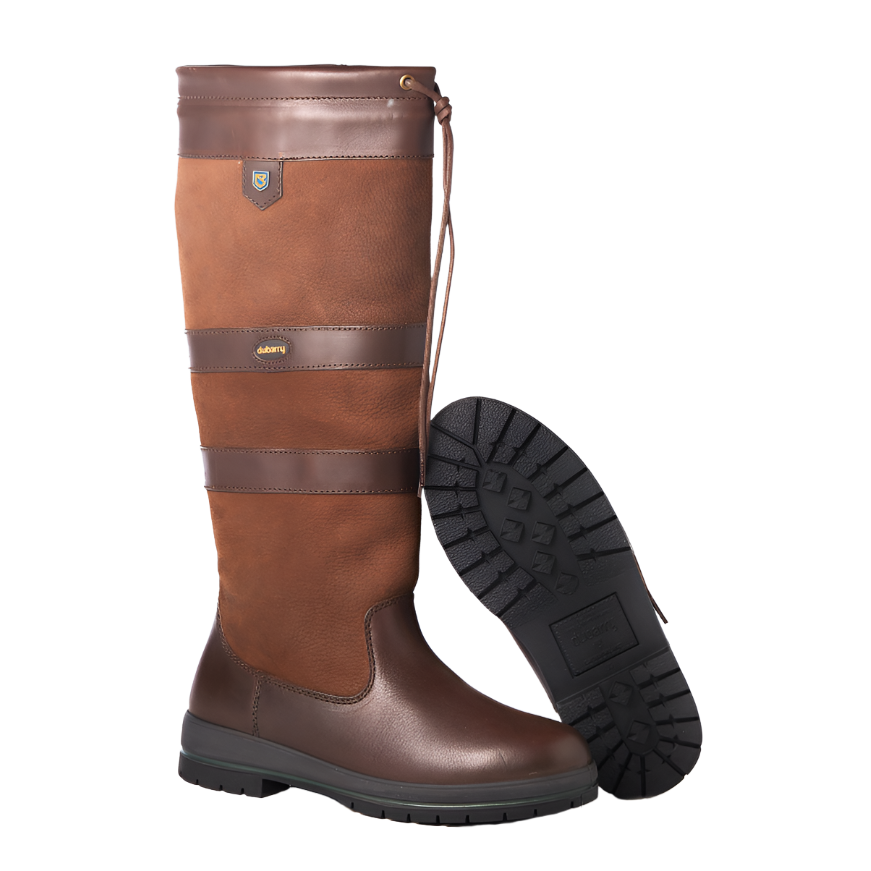 Knee-high brown leather country boots with grip sole, side tie detail, and two-tone panels.