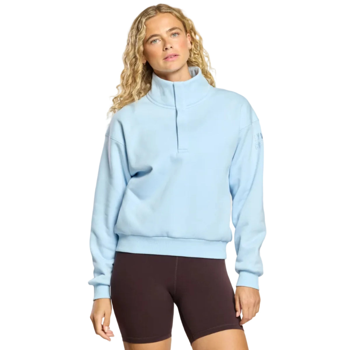 Gym+Coffee Sierra women's glacial blue snap collar sweatshirt