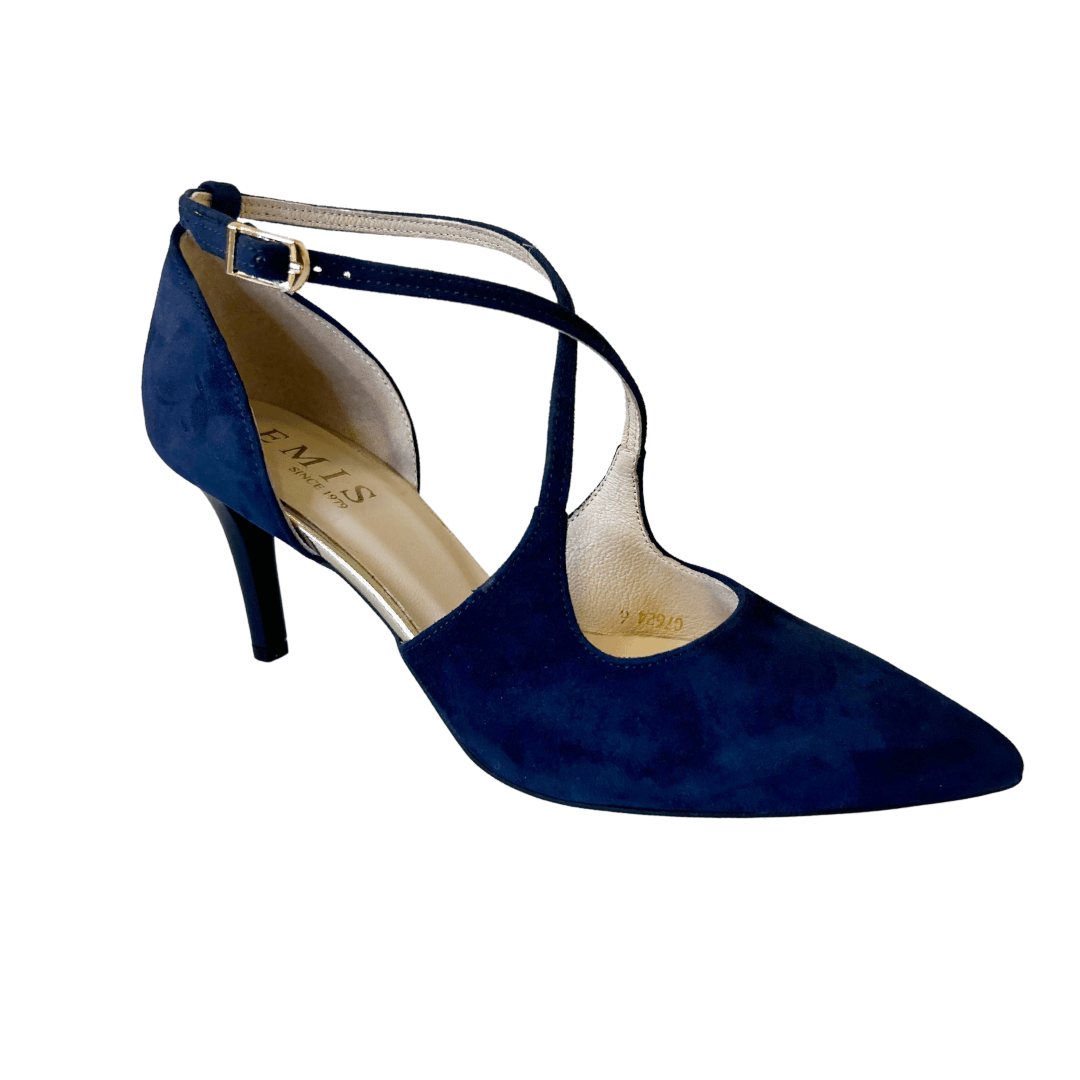 Emis women's navy suede court shoe with crossover straps and gold buckle