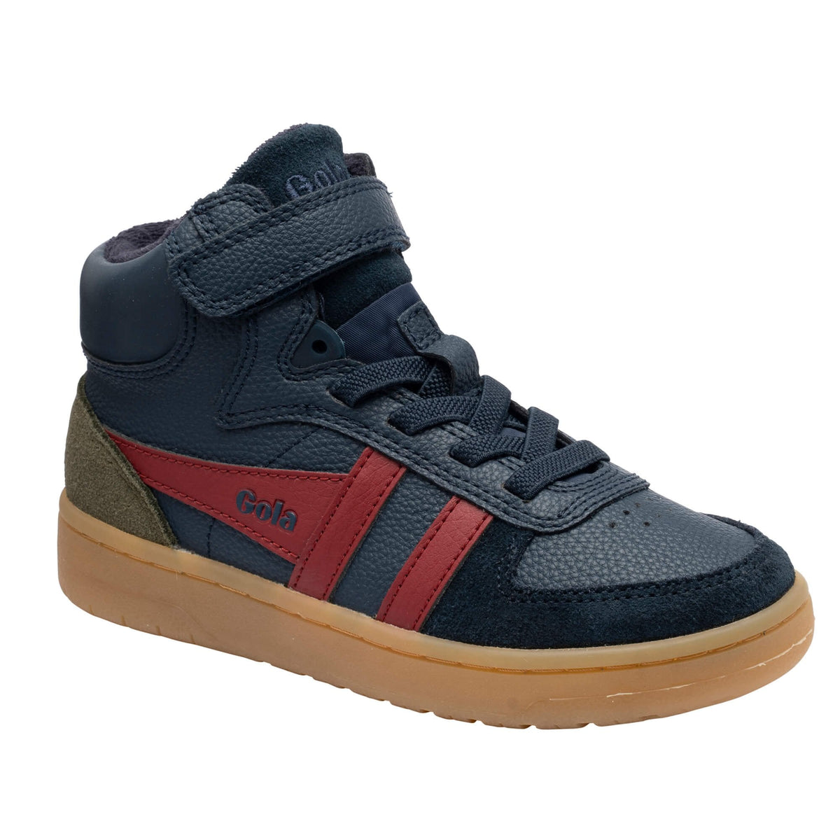 Gola Talon boys' navy high-top boots with red stripes and gum sole