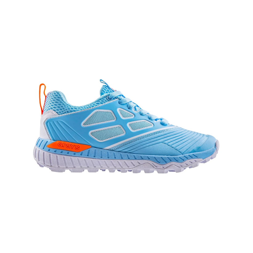 Light blue athletic trainer with mesh panels, orange accents, white sole, side profile view
