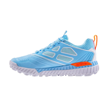 Light blue athletic sneaker with white sole, mesh panels, and orange heel tab on white background.
