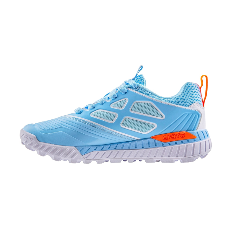Light blue athletic sneaker with white sole, mesh panels, and orange heel tab on white background.