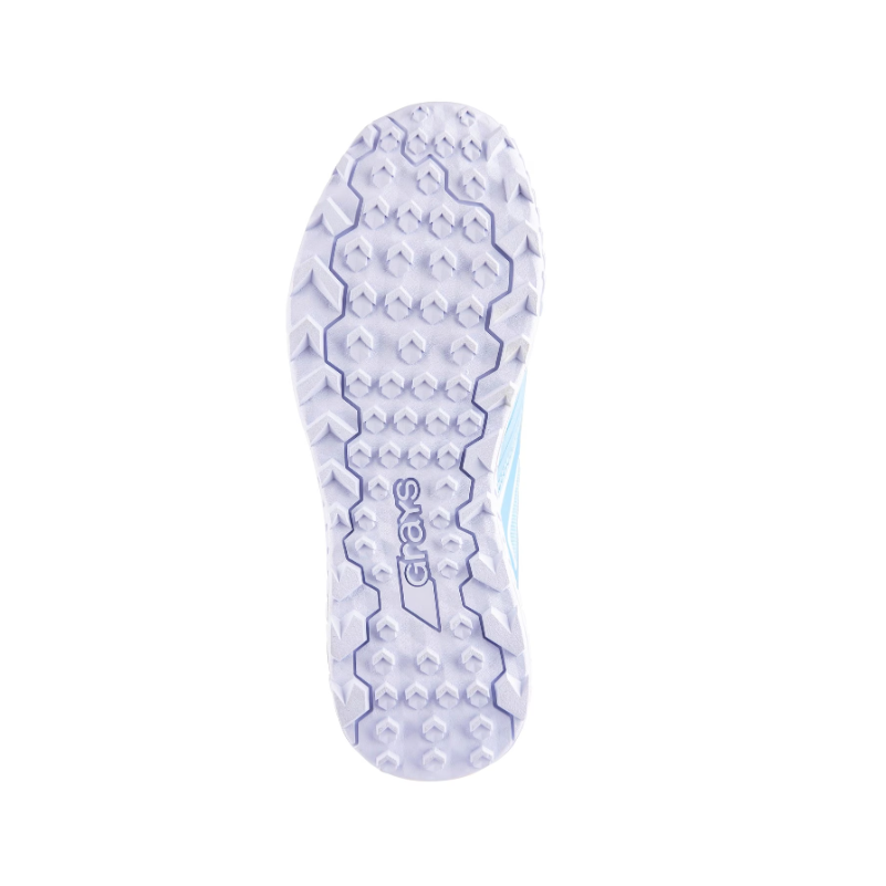 White and blue athletic shoe sole with textured grip and Grays logo, isolated on white