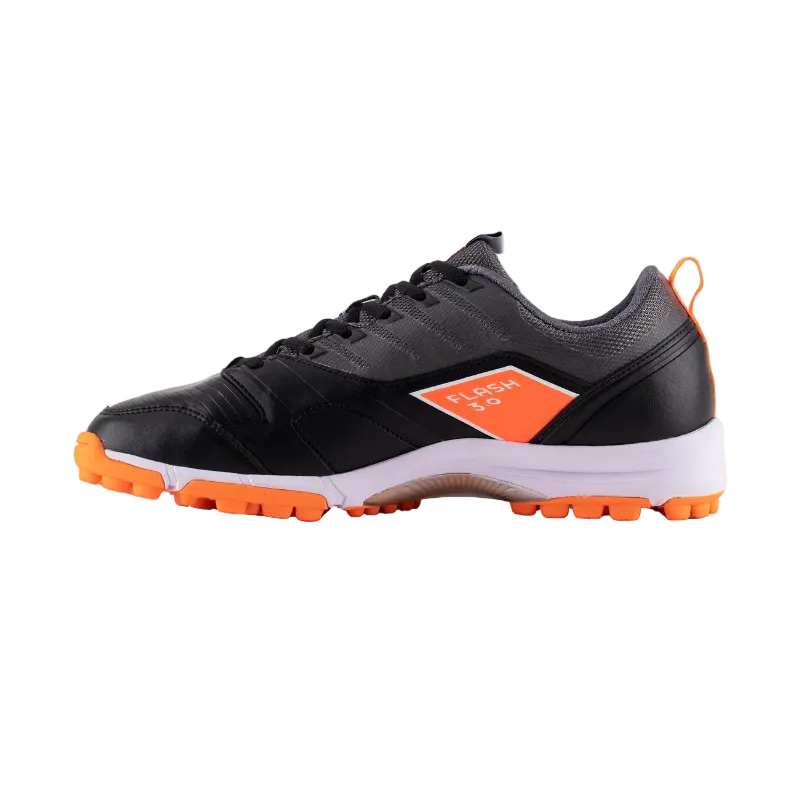 Black and orange athletic shoe with orange sole and 'Flash 3.0' label on the side