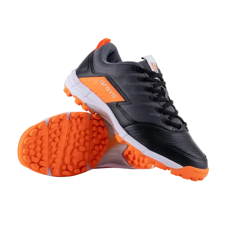Black and orange Grays athletic shoes with textured grip sole for outdoor sports