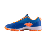 Blue and orange athletic shoe with rubber sole, side logo, and textured grip